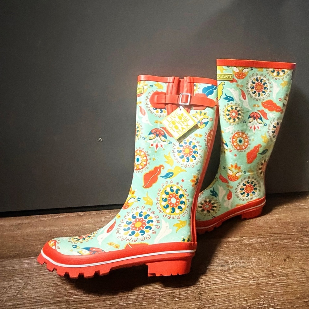 Jessica Swift Floral Pattern Teal and Red Women's Rain Boots